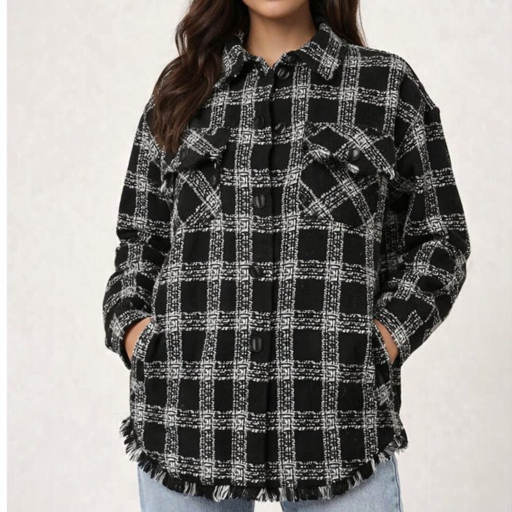 House of Harlowe 1960 black white plaid fringe trim shacket jacket size S - Picture 2 of 7